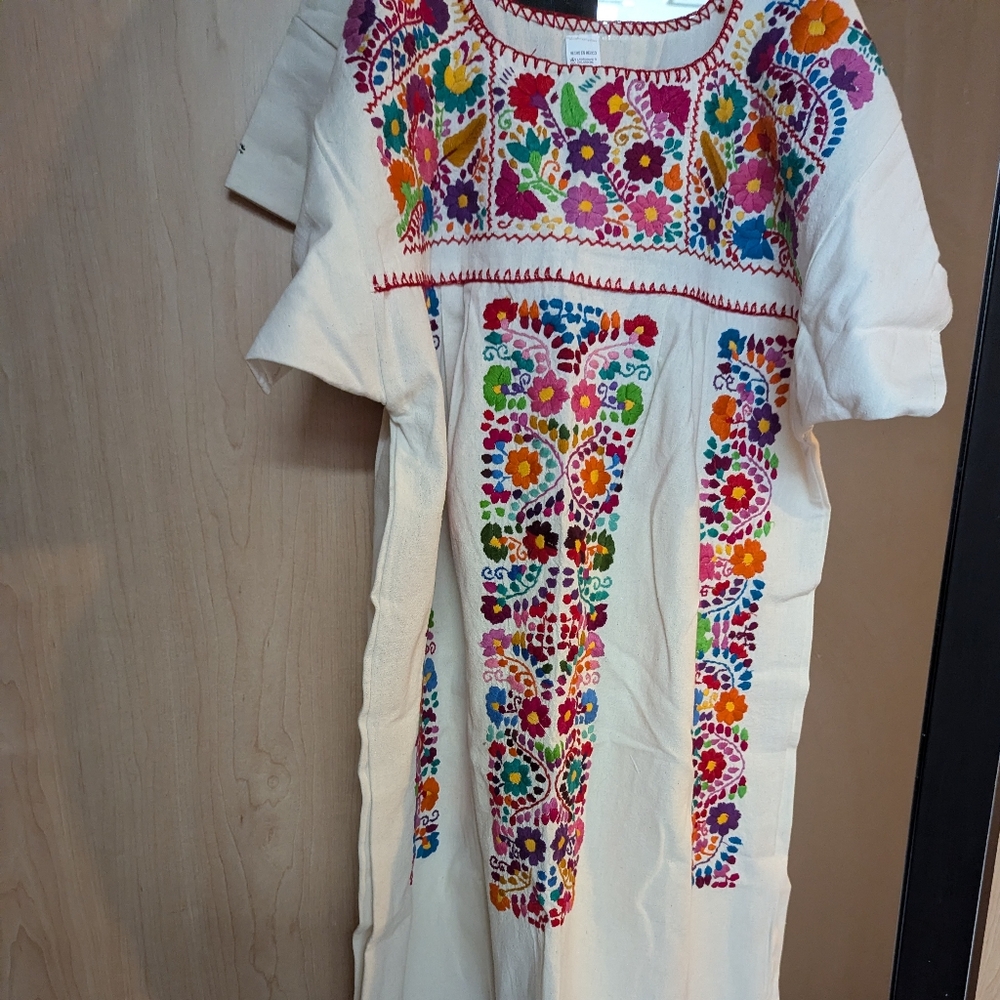 Traditional Mexican peasant dress midi embroidered floral